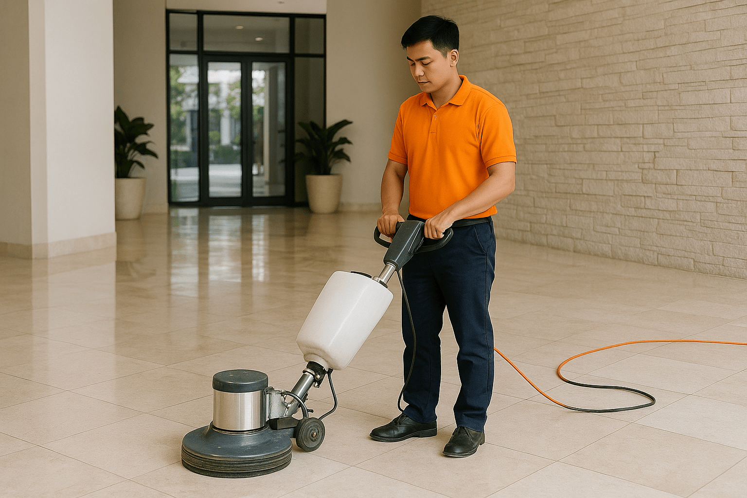 Nhân viên đang sử dụng máy chuyên dụng để đánh bóng phục hồi sàn đá