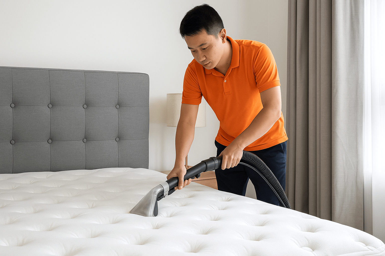 Nhân viên đang dùng máy chuyên dụng để giặt nệm tại nhà