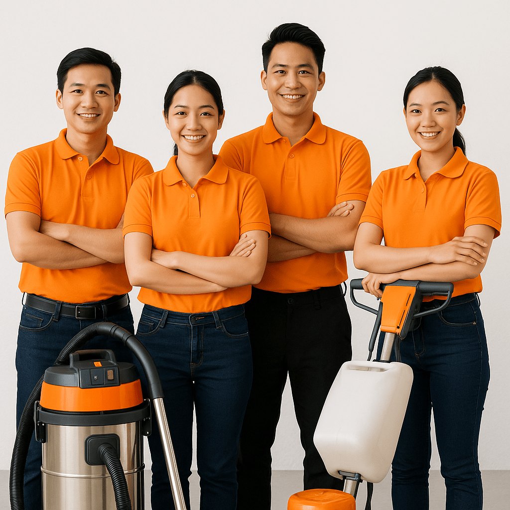 Nhân viên vệ sinh chuyên nghiệp đang chuẩn bị máy móc dụng cụ vệ sinh