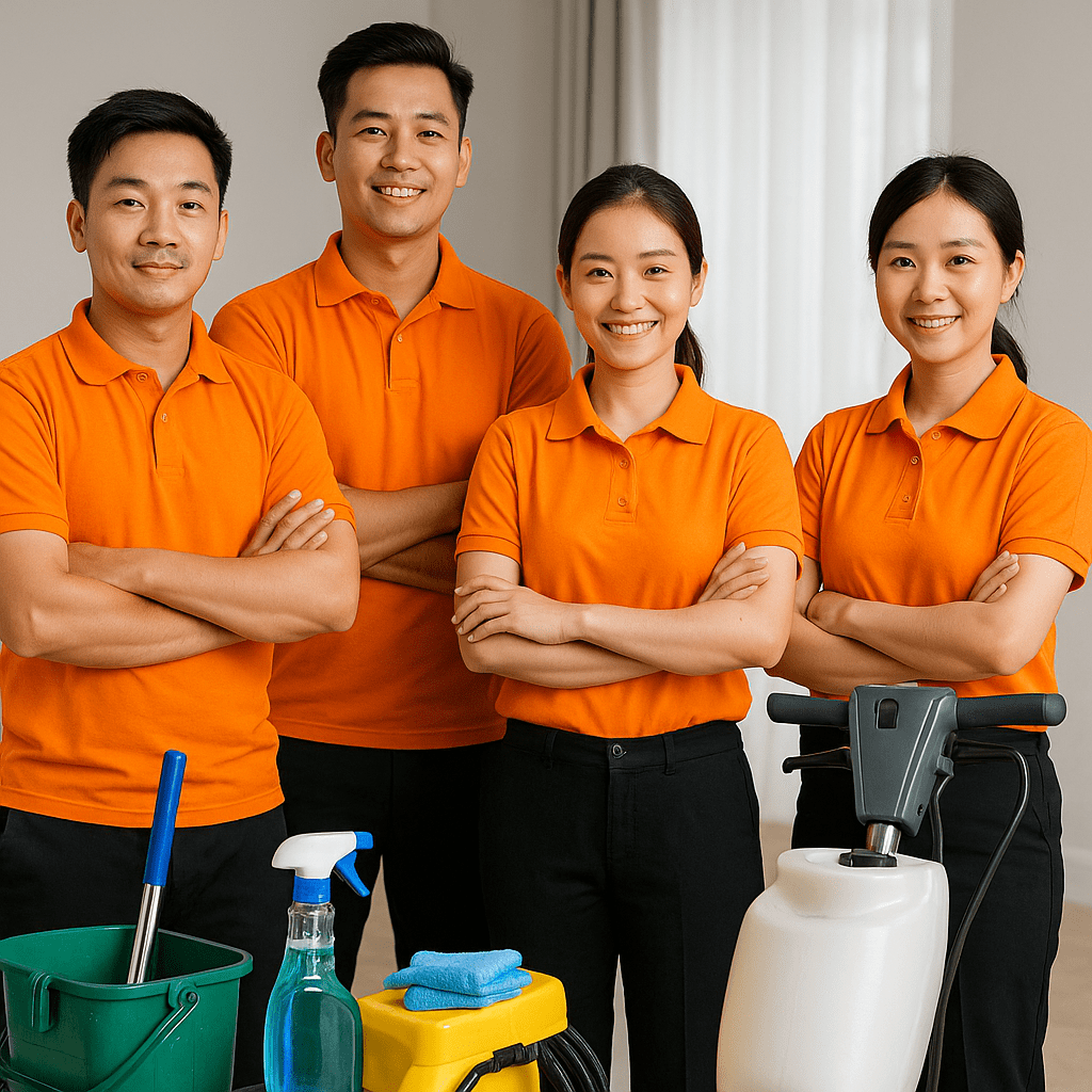 Nhóm nhân viên đứng cạnh máy móc vệ sinh thể hiện dịch vụ vệ sinh công nghiệp chuyên nghiệp