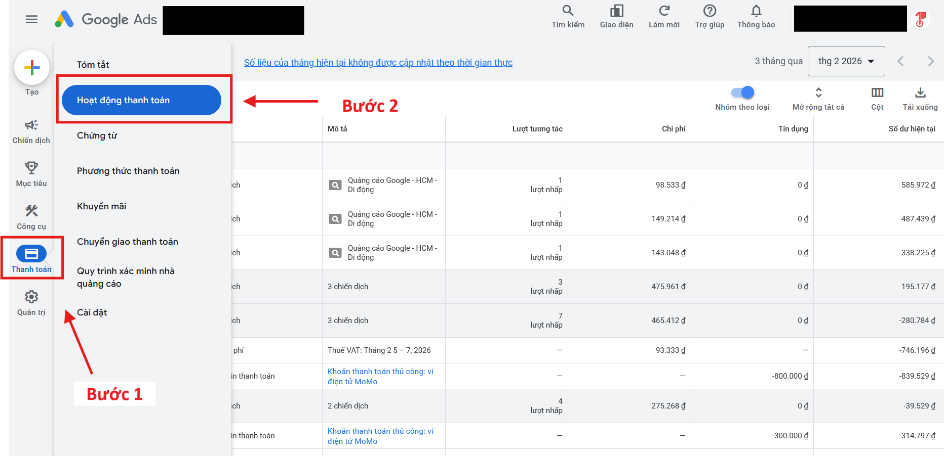 Kiểm tra lịch sử giao dịch trong mục hoạt động thanh toán Google Ads