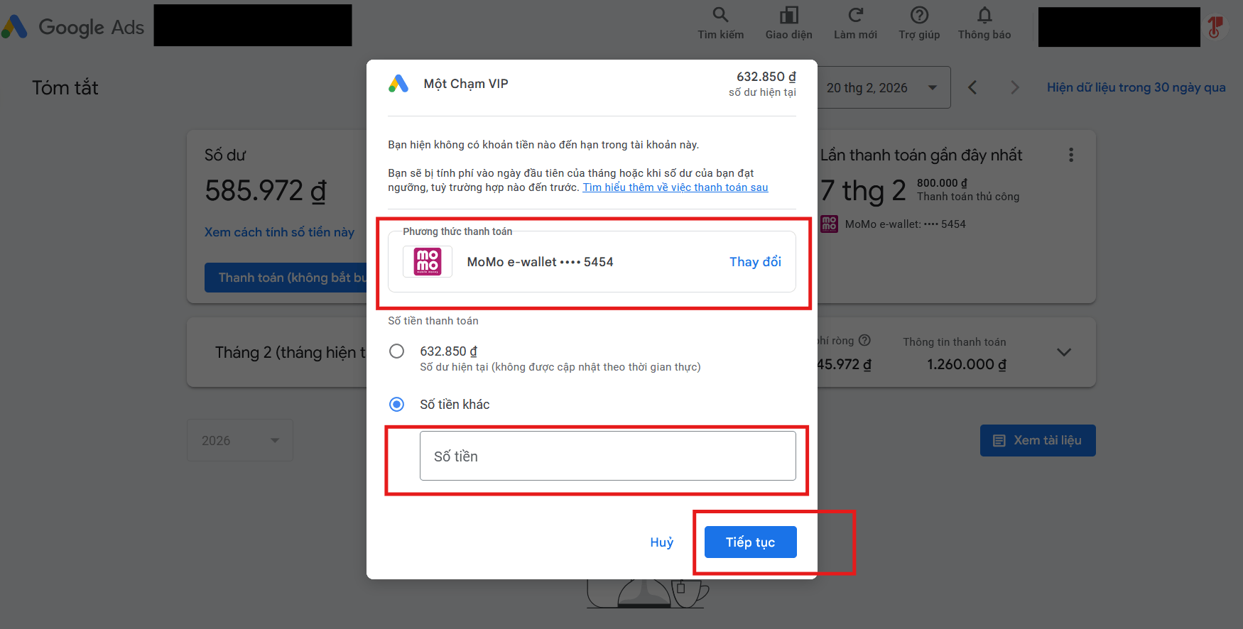 Cách nạp tiền vào Google Ads bằng MoMo trong cửa sổ thanh toán