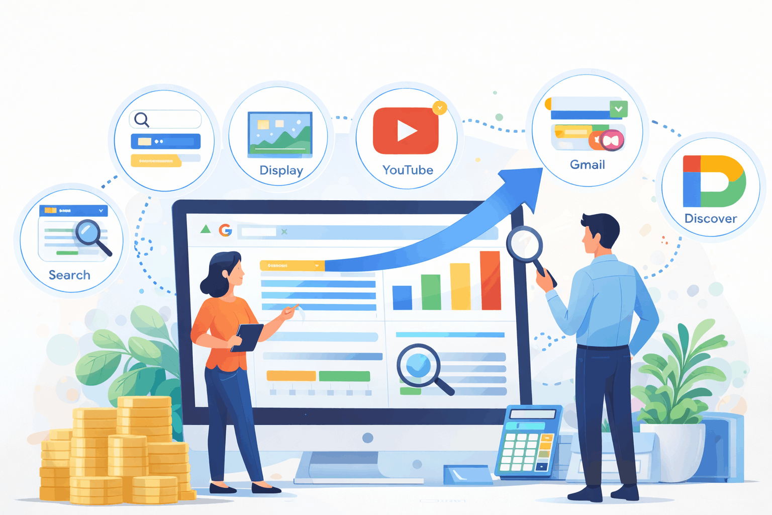 Chiến dịch Performance Max trong Google Ads hiển thị đa kênh tìm kiếm hiển thị YouTube Gmail Discover