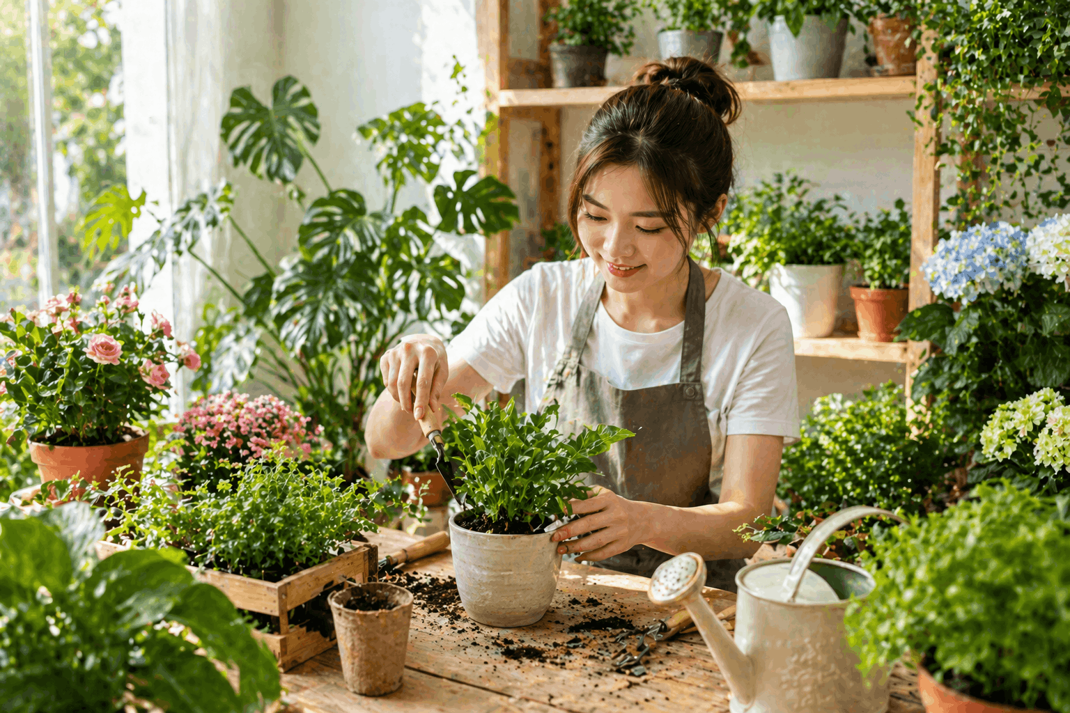 Chăm sóc cây trồng trong nhà với chậu cây và dụng cụ làm vườn đơn giản
