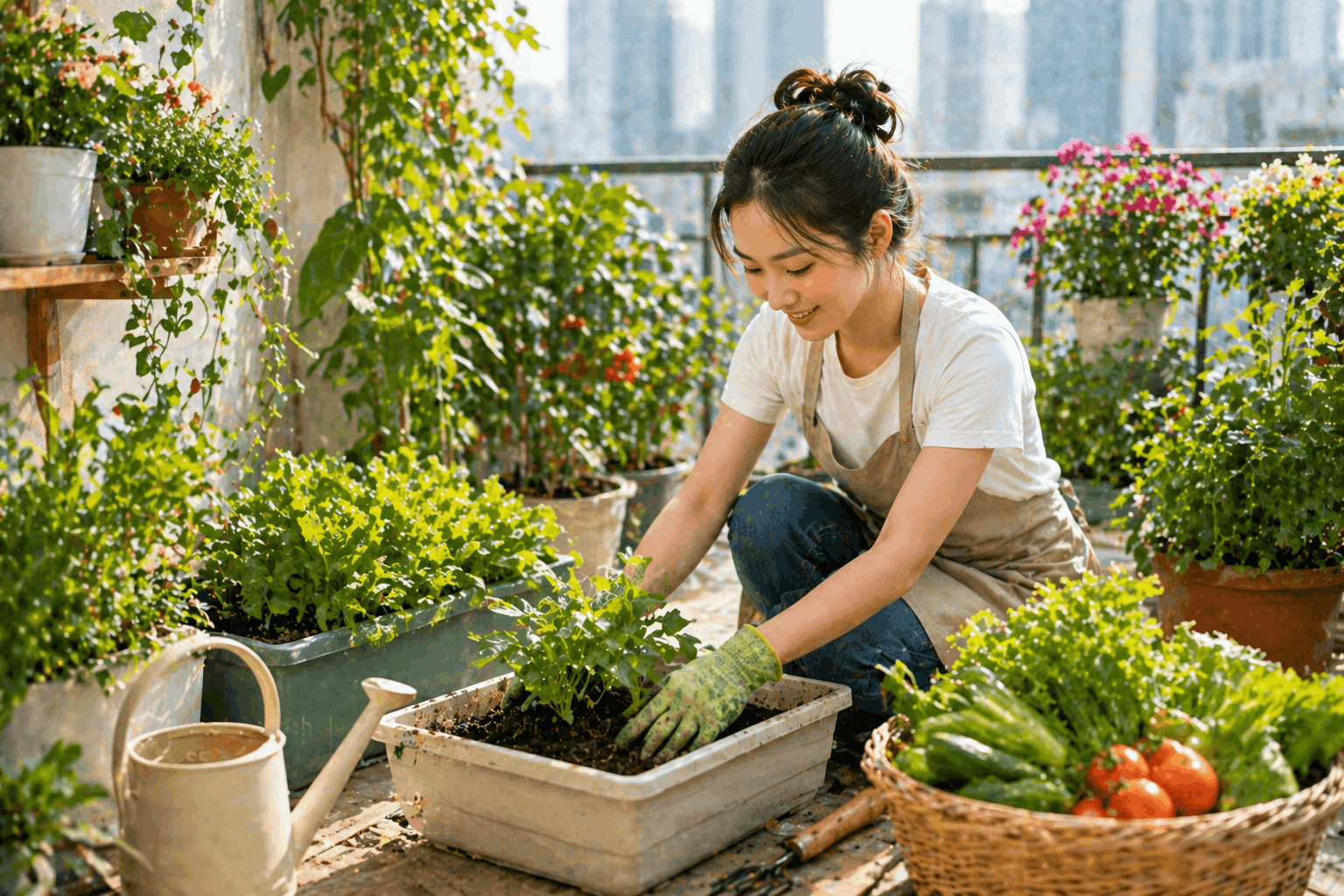 Chăm sóc cây trồng rau tại nhà trên ban công với các chậu cây xanh và dụng cụ làm vườn