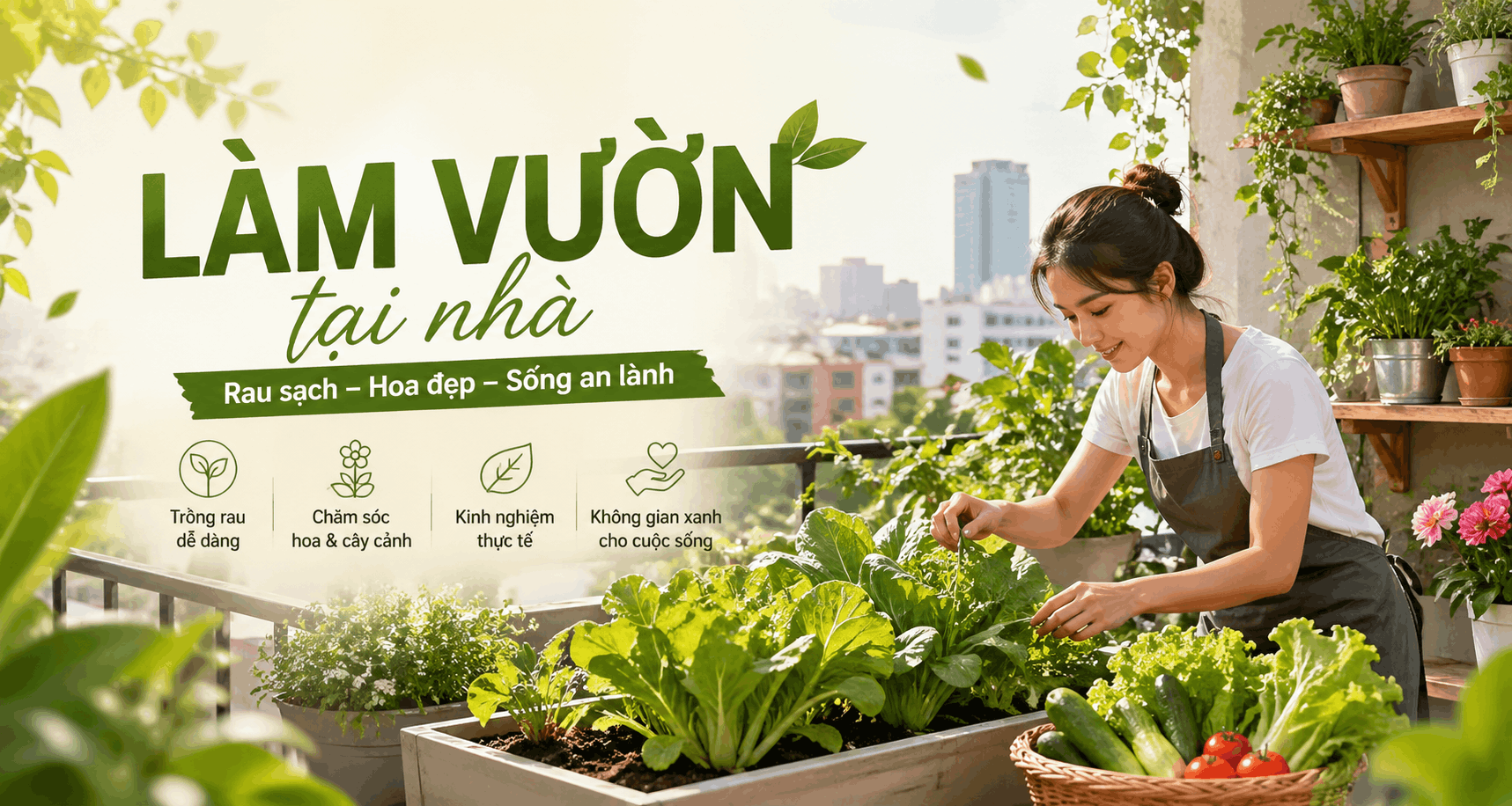 Làm vườn tại nhà trên ban công, trồng rau sạch và chăm sóc cây xanh