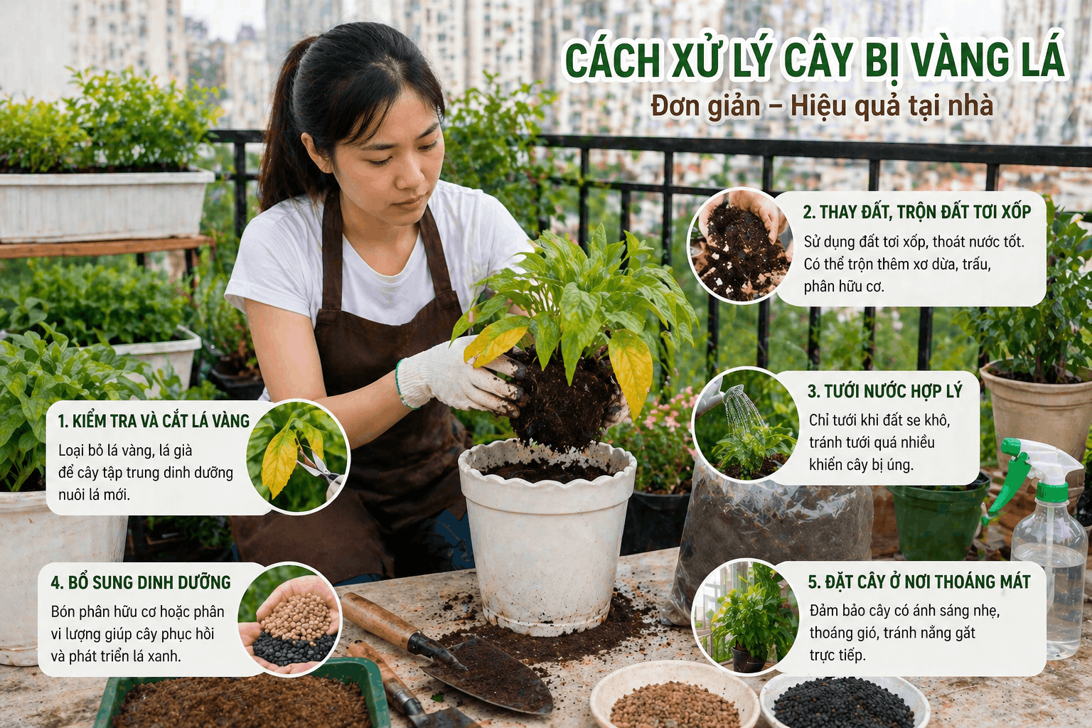 Xử lý cây bị vàng lá bằng cách thay đất và chăm sóc cây trên ban công tại nhà