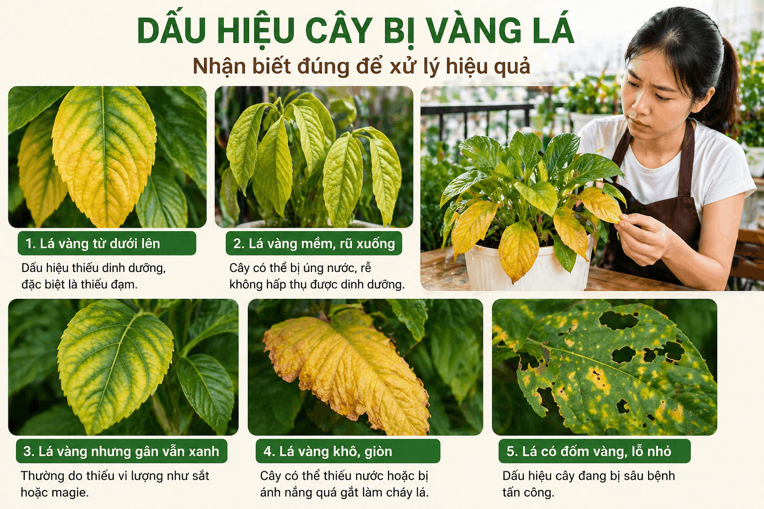 Dấu hiệu cây bị vàng lá như lá vàng từ dưới lên, lá mềm rũ, lá vàng gân xanh và sâu bệnh trên lá