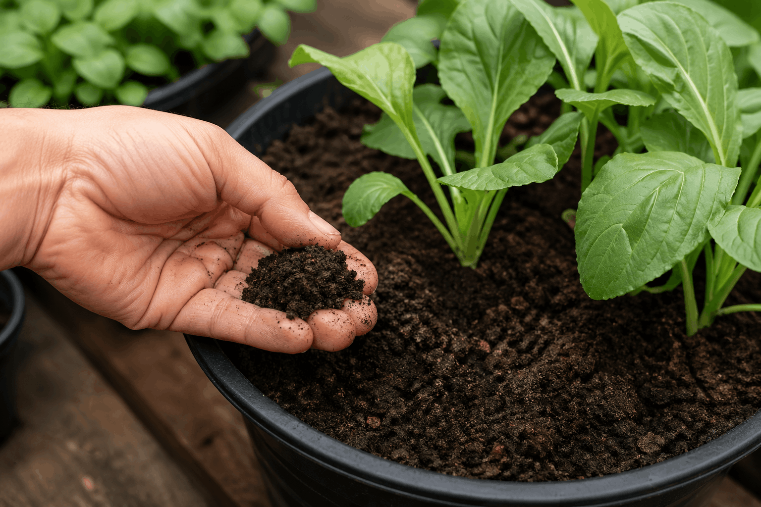 Kiểm tra độ ẩm đất rau bị héo bằng tay để xác định thiếu nước hay úng nước