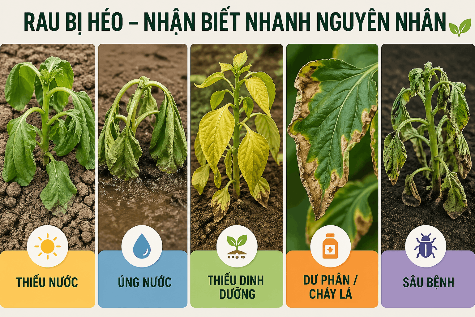 Rau bị héo phải làm sao nhận biết nguyên nhân thiếu nước úng nước sâu bệnh