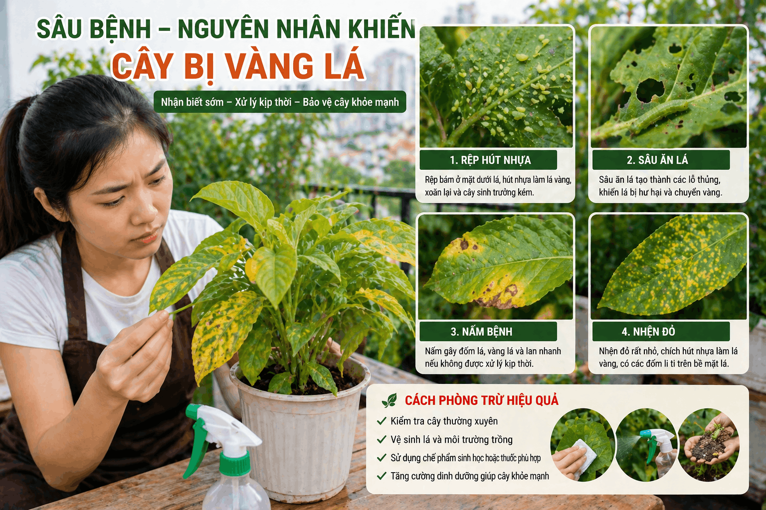 Kiểm tra cây bị vàng lá do sâu bệnh như rệp, sâu ăn lá và nấm trên ban công