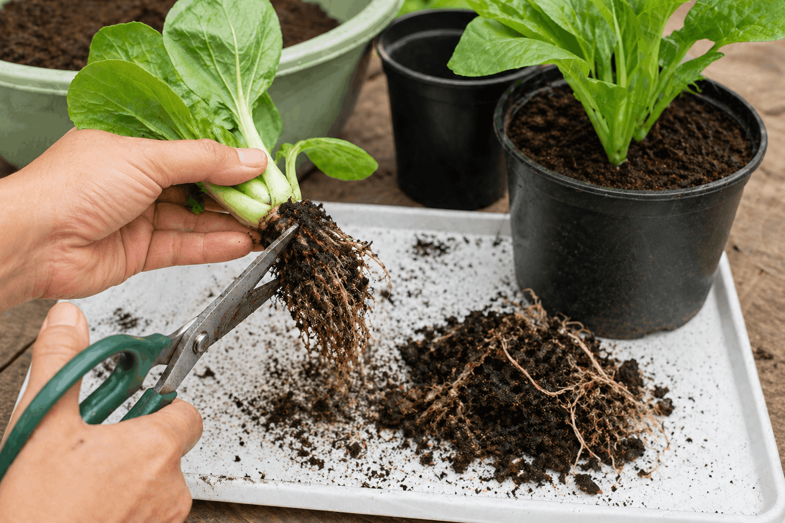 Cắt rễ thối rau bị héo do úng nước và thay đất mới để phục hồi cây