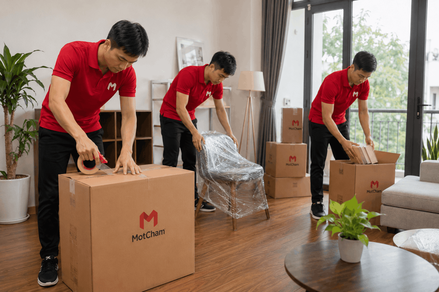 Chuyển nhà trọn gói Bạc Liêu với nhân viên MotCham bọc ghế và sắp xếp đồ dùng trong phòng khách cẩn thận.