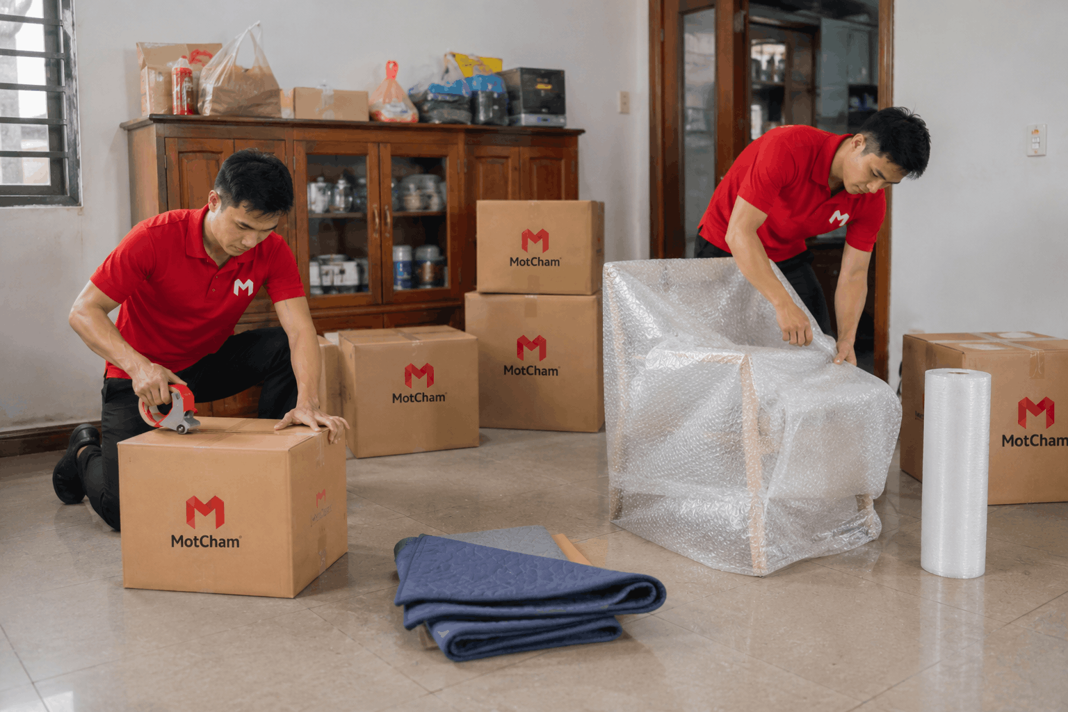 Chuyển nhà trọn gói Bình Dương với nhân viên MotCham đóng gói thùng carton và bảo vệ nội thất cẩn thận.
