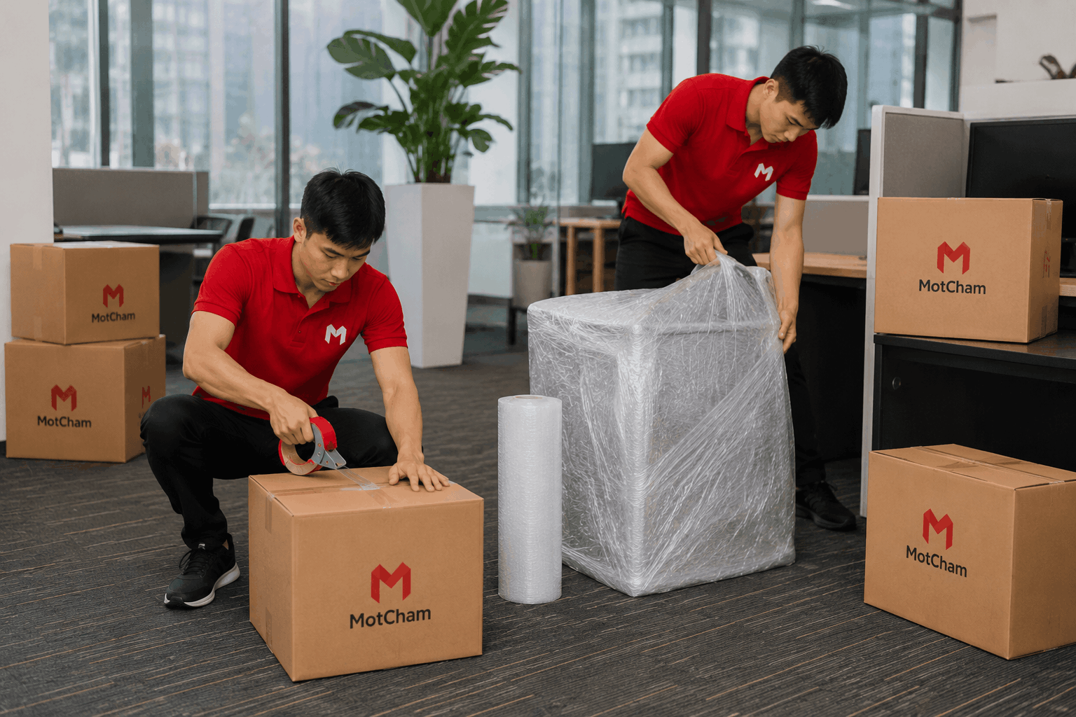Chuyển nhà trọn gói Bình Dương với đội ngũ MotCham đóng gói tài sản và thiết bị trong không gian văn phòng.