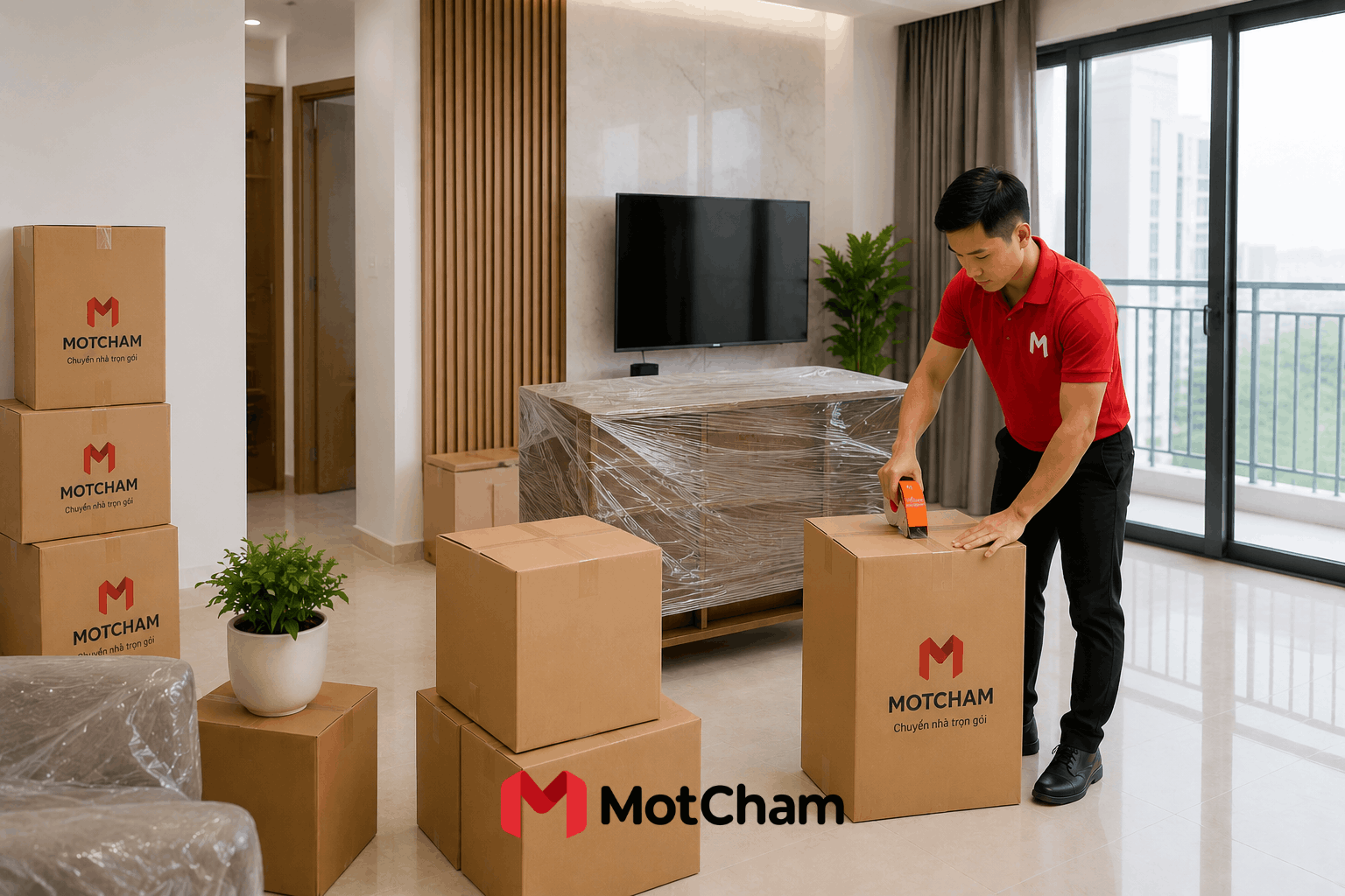 Nhân viên MotCham đóng gói đồ đạc chuẩn bị chuyển nhà trọn gói