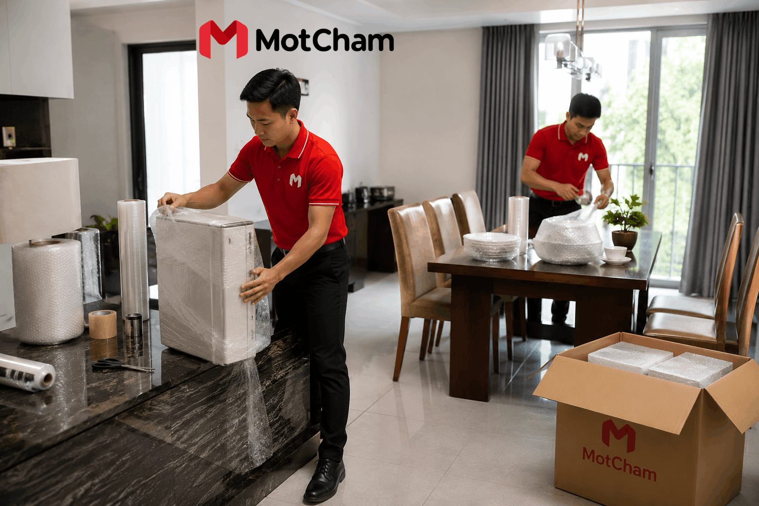 Nhân viên MotCham bọc chống sốc và đóng gói đồ gia dụng khi chuyển nhà trọn gói