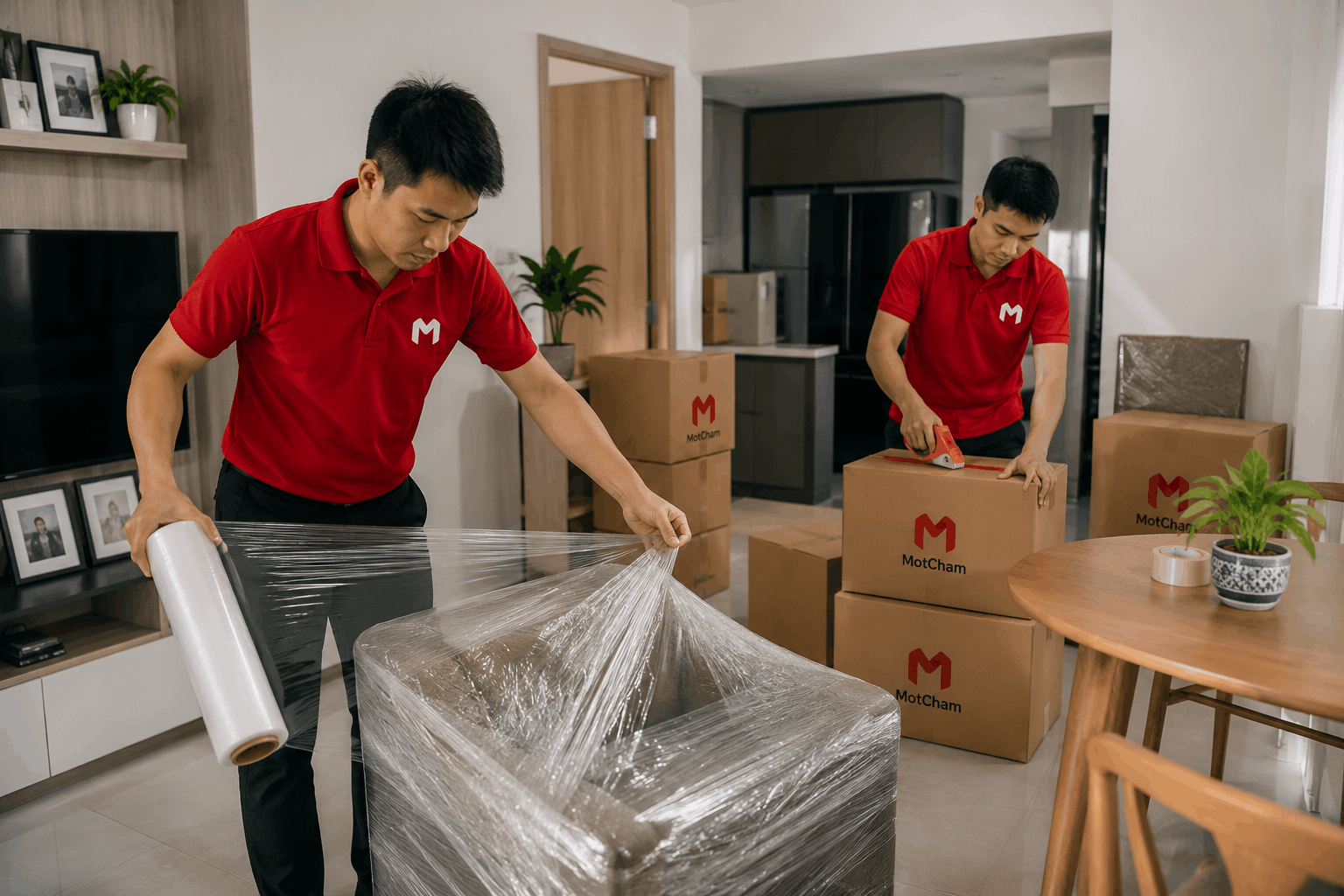 Nhân viên MotCham bọc màng PE bảo vệ sofa và đóng gói thùng carton trong dịch vụ chuyển nhà trọn gói An Giang