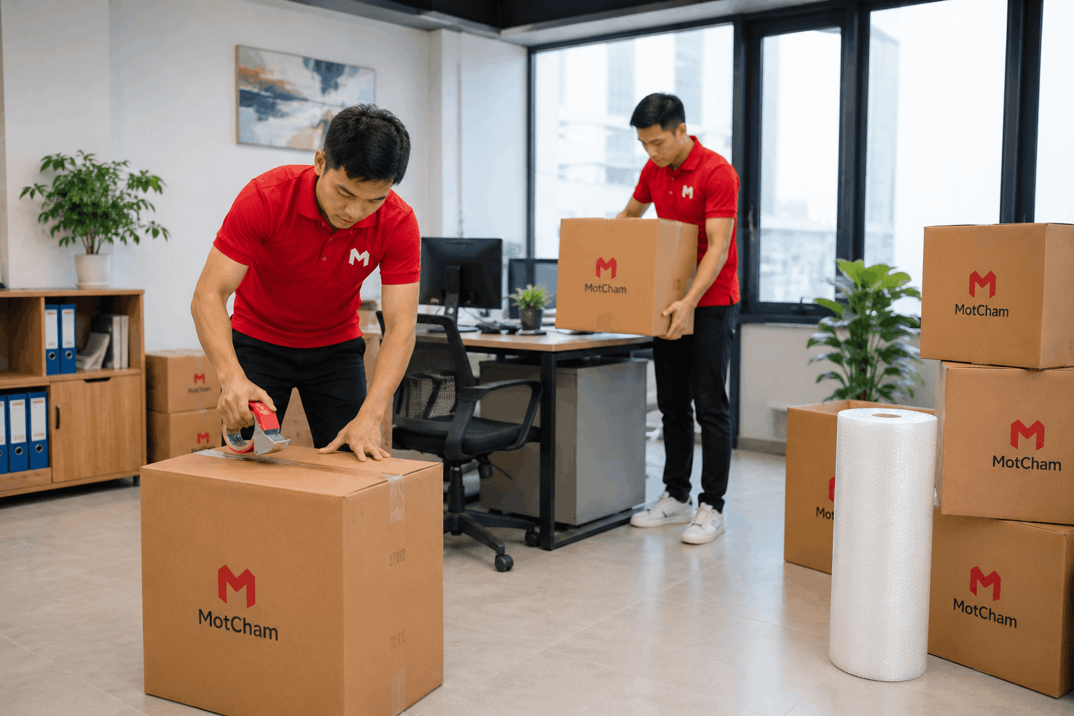 Chuyển nhà trọn gói Bạc Liêu cho văn phòng với đội ngũ MotCham đóng gói tài liệu và thiết bị làm việc.