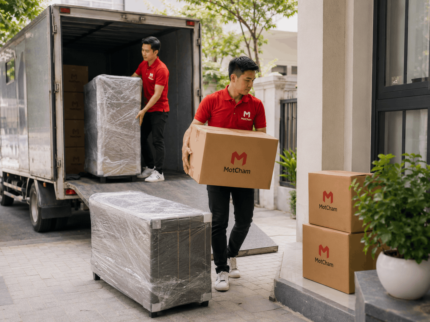 Nhân viên MotCham vận chuyển thùng carton và nội thất đến căn hộ trong dịch vụ chuyển nhà trọn gói An Giang