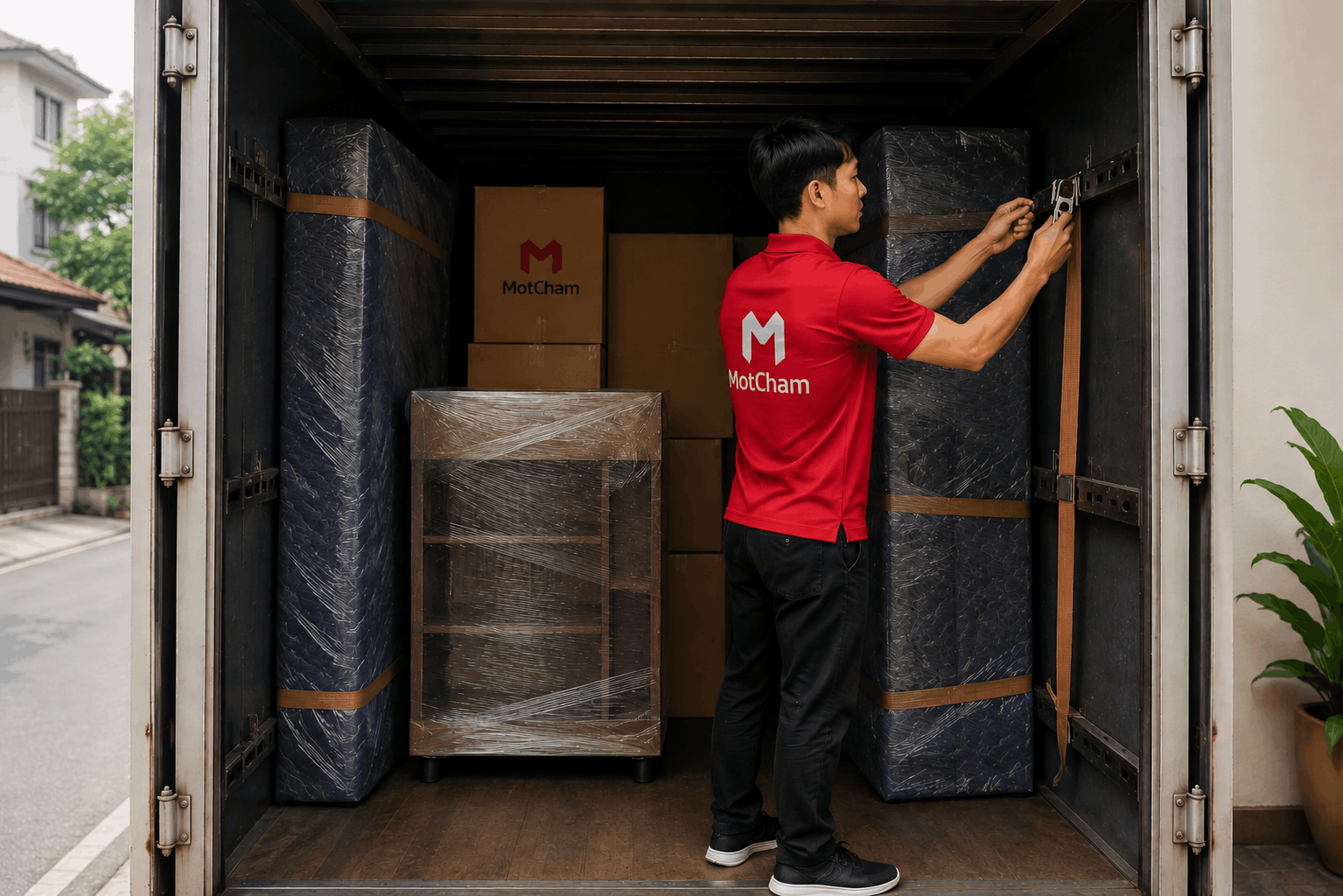Nhân viên MotCham cố định đồ nội thất trên xe tải khi thực hiện dịch vụ chuyển nhà trọn gói An Giang an toàn và chuyên nghiệp